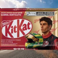 Embalagem do KitKat Strawberry Podium edição limitada com imagem de Gabriel Bortoleto ao lado do piloto na pista