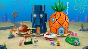 LEGO Bob Esponja: set da Fenda do Biquíni Set LEGO do Bob Esponja em cenário da Fenda do Biquíni, com personagens e construções em blocos.