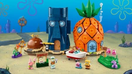 LEGO Bob Esponja: set da Fenda do Biquíni Set LEGO do Bob Esponja em cenário da Fenda do Biquíni, com personagens e construções em blocos.