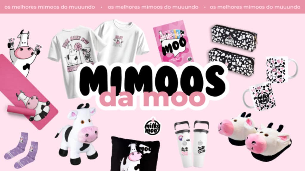 Ilustração promocional da loja Milk Moo com produtos e personagens de vaca e leite em fundo rosa.