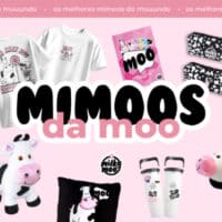 Ilustração promocional da loja Milk Moo com produtos e personagens de vaca e leite em fundo rosa.
