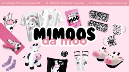 Ilustração promocional da loja Milk Moo com produtos e personagens de vaca e leite em fundo rosa.