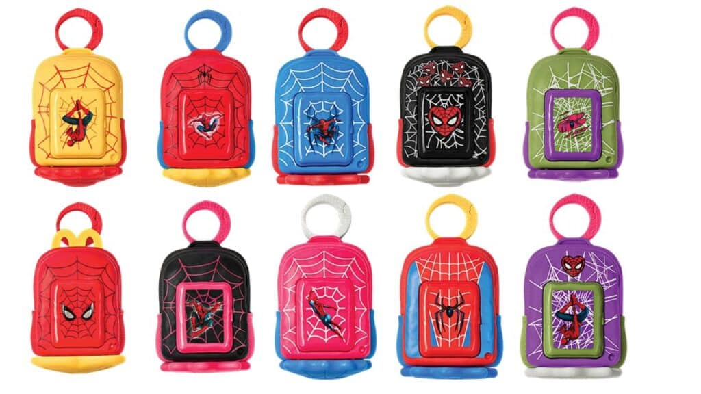 Brindes do McLanche Feliz com tema do Homem-Aranha: seis porta-figuras coloridos em vermelho, azul e roxo.