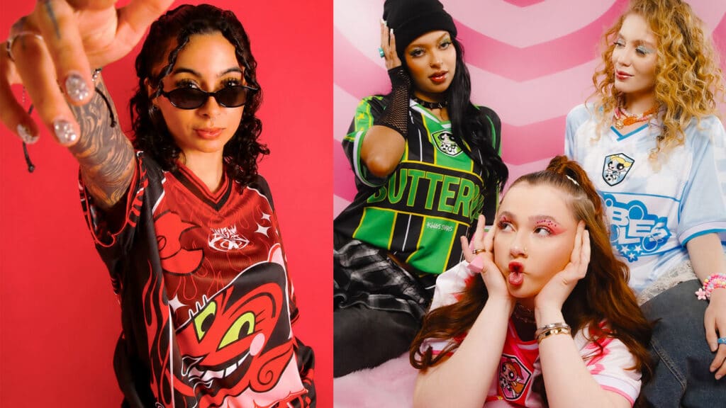 Kings Sneakers: Meninas Superpoderosas em edição limitada Mulheres usando camisetas estilo Meninas Superpoderosas em collab Kings Sneakers, edição limitada com personagens e vilão Ele.