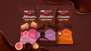 Minueto Supremo em parceria com Lugano Chocolates Embalagens Minueto Supremo em parceria com a Lugano Chocolates, com wafers e ingredientes mostrados ao fundo