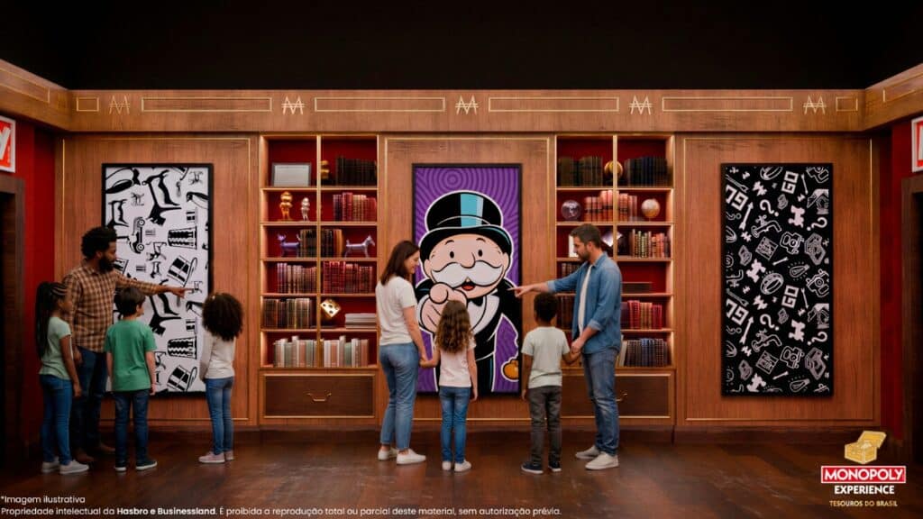 Monopoly Experience: atração imersiva em São Paulo Pessoas interagem em atração imersiva do Monopoly Experience, em ambiente com cenários e murais decorativos.