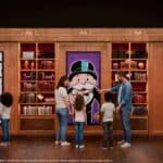 Pessoas interagem em atração imersiva do Monopoly Experience, em ambiente com cenários e murais decorativos.