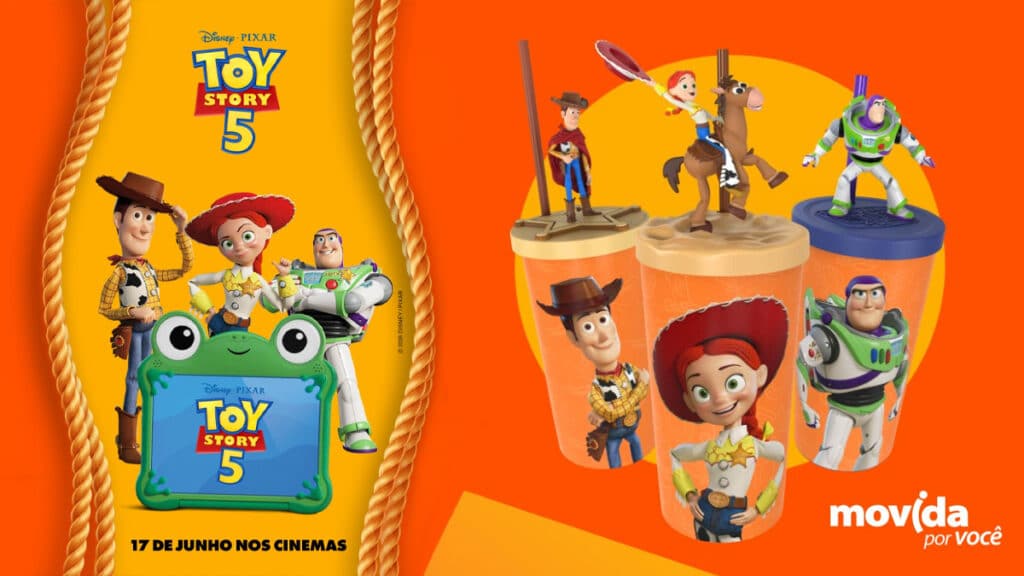 Anúncio da Movida com copo colecionável de Toy Story 5, para clientes que contratam lavagem antecipada na reserva