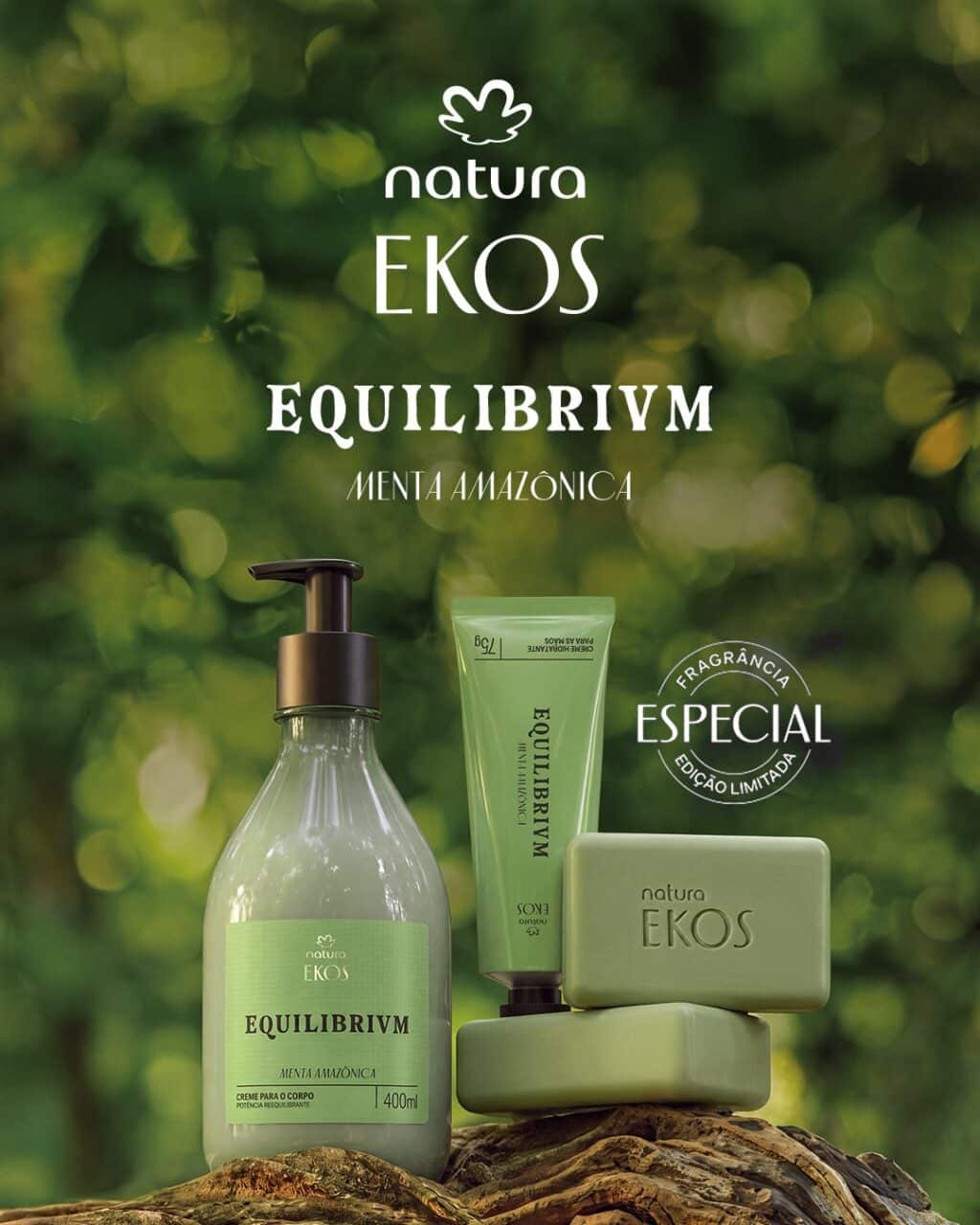 Produtos Natura Ekos Equilibrivm com fragrância especial em edição limitada, em fundo verde