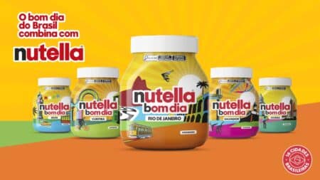 Embalagens colecionáveis da Nutella com ilustrações de cidades brasileiras, destacando a campanha “Nutella Bom Dia”