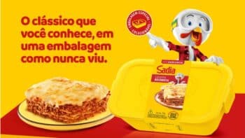 Embalagem da Lasanha Bolonhesa Sadia edição limitada com pote colecionável e personagem chef, em fundo amarelo