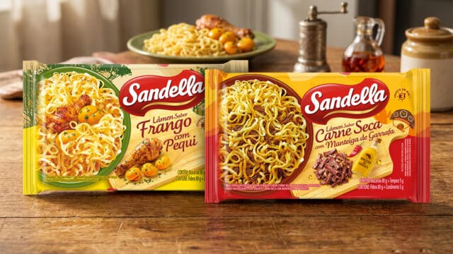 Embalagens Sandella de macarrão instantâneo: Lamen com Frango com Pequi e Carne Seca com Manteiga de Garrafa.