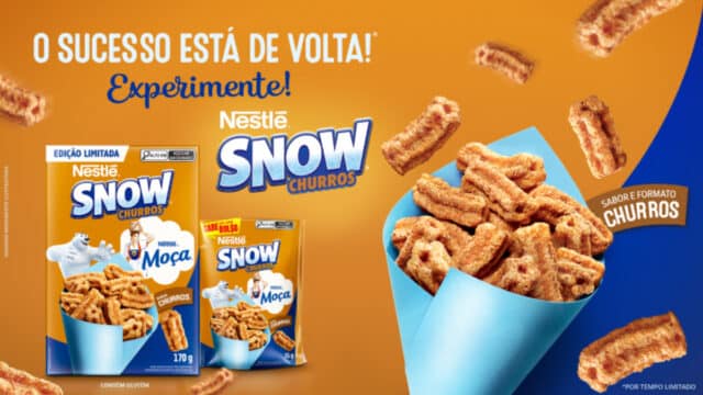 Embalagens e cereal Snow Churros da Nestlé, edição limitada, com churros em destaque sobre fundo laranja e azul.