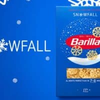 Embalagem da Barilla Snowfall Pasta com fundo azul e flocos de neve, edição especial de inverno.