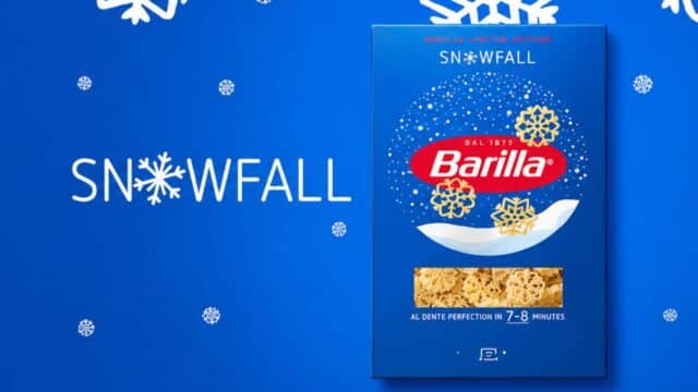 Embalagem da Barilla Snowfall Pasta com fundo azul e flocos de neve, edição especial de inverno.