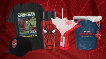 Coleção Homem-Aranha da Cinemark: camiseta, boné e copo Coleção Homem-Aranha da Cinemark com camiseta, boné, copo e itens temáticos sobre fundo vermelho com teias