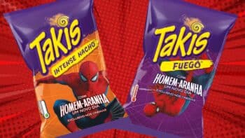 Embalagens Takis Intense Nacho e Fuego com tema do filme Homem-Aranha: Um Novo Dia.