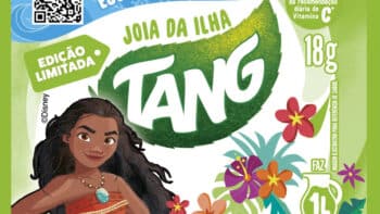 Embalagem do Tang Joia da Ilha, edição limitada, com imagem de Moana e flores, sabor de 18g.