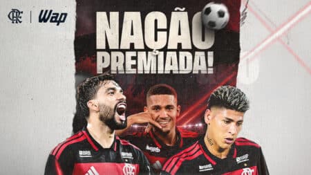 Flamengo: NAGÃO PREMIADA com jogadores em uniformes preto e vermelho Arte do Flamengo com jogadores em uniforme preto e vermelho e chamada “NAGÃO PREMIADA!” ao fundo