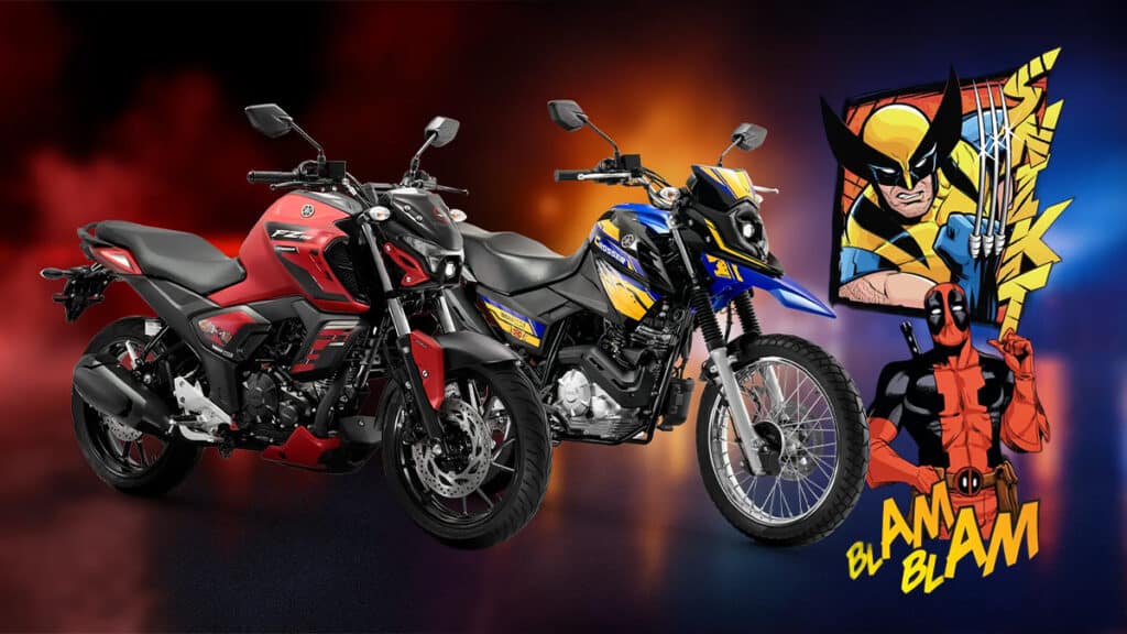 Yamaha FZ15 Deadpool e Wolverine — edição ultra limitada Duas motos Yamaha em edição inspirada em Deadpool e Wolverine, com arte de personagens ao fundo