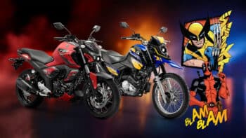 Yamaha FZ15 Deadpool e Wolverine — edição ultra limitada Duas motos Yamaha em edição inspirada em Deadpool e Wolverine, com arte de personagens ao fundo