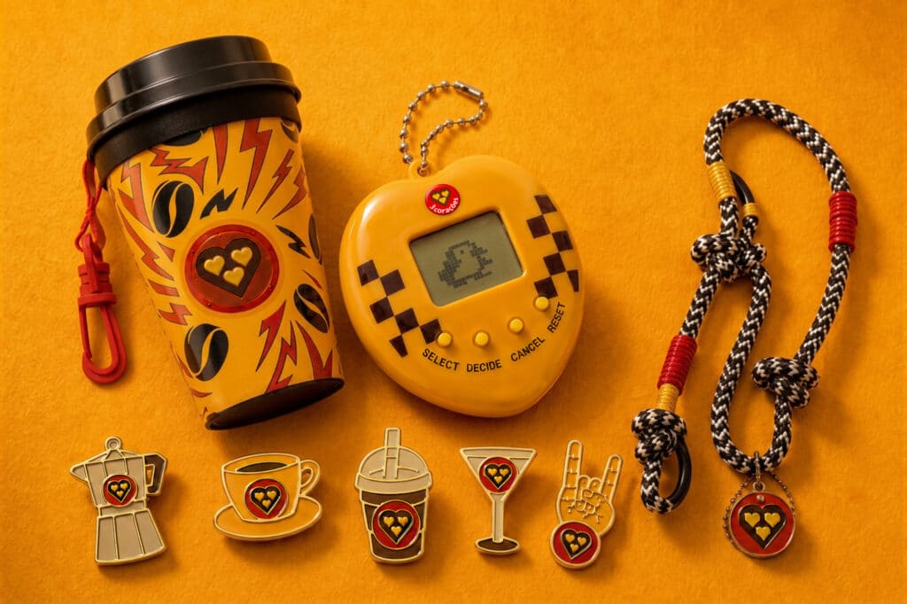 Conjunto de brindes do Rock in Rio com copo térmico, mini câmera e acessórios temáticos 3 corações na cor laranja.