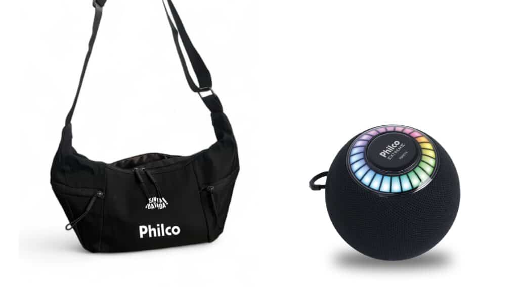Brindes da Philco no Rock in Rio 2026: bolsa e caixa de som portátil pretas com detalhes coloridos
