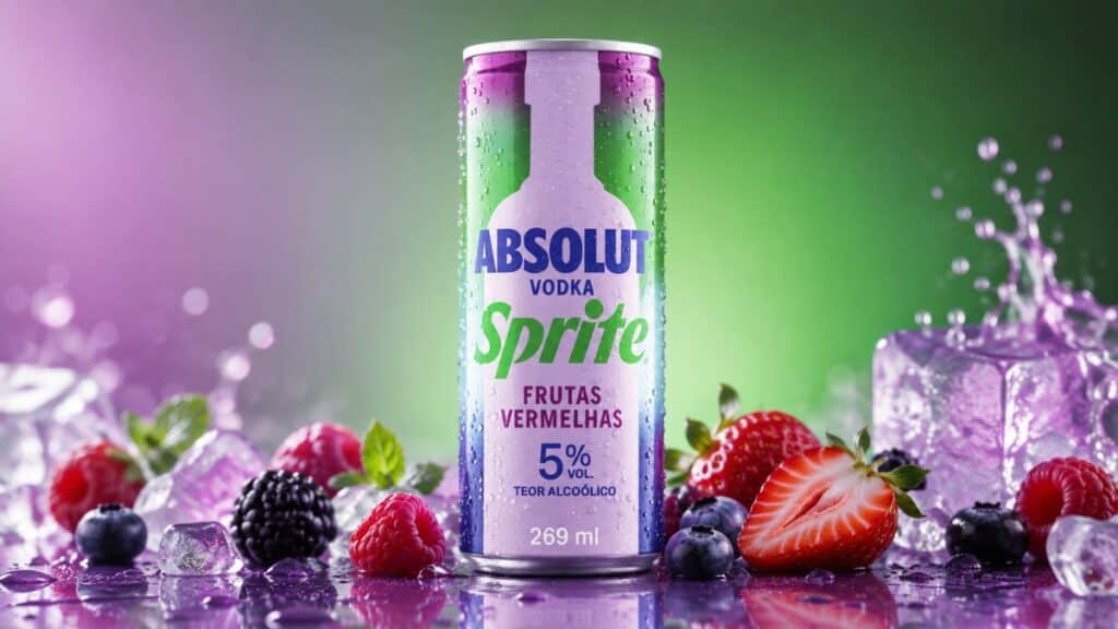 Lata do Absolut Vodka Sprite Frutas Vermelhas com 5% de álcool, ao lado de frutas vermelhas e gotas de bebida