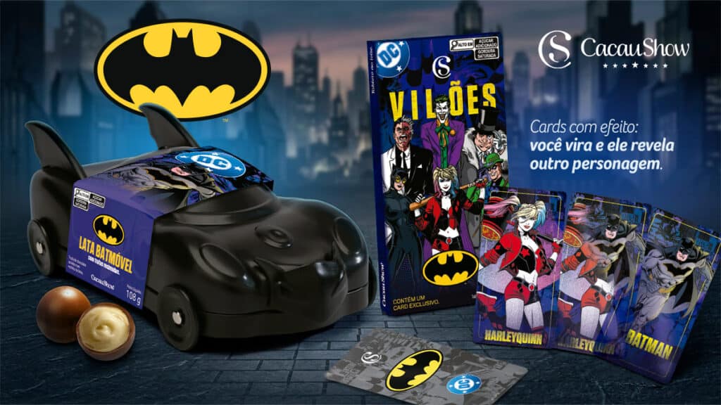 Produtos da Cacau Show inspirados no Batman, com lata em formato do Batmóvel e caixas com cards colecionáveis de vilões.