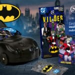 Produtos da Cacau Show inspirados no Batman, com lata em formato do Batmóvel e caixas com cards colecionáveis de vilões.