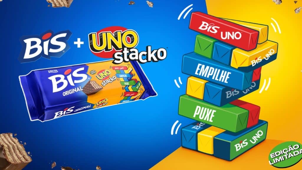 Arte promocional da edição limitada BIS UNO Stacko com pilha de blocos e chocolate BIS + UNO.