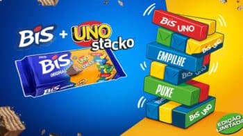 BIS UNO Stacko: edição limitada inspirada no jogo de equilíbrio Arte promocional da edição limitada BIS UNO Stacko com pilha de blocos e chocolate BIS + UNO.