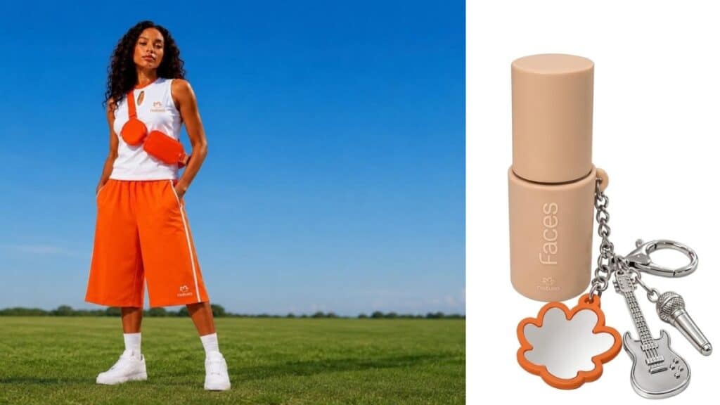 Brinde tipo chaveiro e mini-capa rosa com pingentes, ao lado de modelo com roupa laranja e branca em área aberta