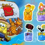 Montagem com personagens de One Piece e Bob Esponja em brinquedos estilo coleção do McDonald's, com destaque para o número 10.