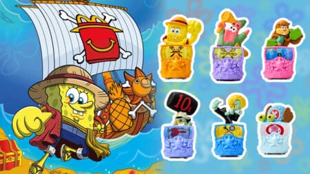 One Piece x Bob Esponja: brinquedos do McDonald’s no Brasil Montagem com personagens de One Piece e Bob Esponja em brinquedos estilo coleção do McDonald's, com destaque para o número 10.