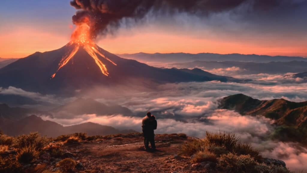 Campanha do Burger King: poder do fogo em cena com vulcão Campanha global do Burger King com chama e fumaça saindo de um vulcão ao pôr do sol, com pessoa em uma trilha na paisagem.