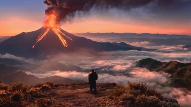 Campanha global do Burger King com chama e fumaça saindo de um vulcão ao pôr do sol, com pessoa em uma trilha na paisagem.