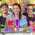 Capa do episódio “Kid Unfriendly” com três pessoas e fundo colorido de animações, incluindo a palavra “UNFRIENDLY”.