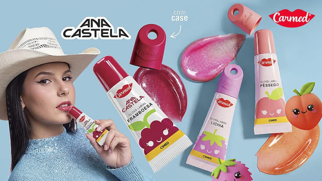 Divulgação da linha de gloss Carmed com parceria de Ana Castela, com produtos e aromas de framboesa, pêssego e lichia.
