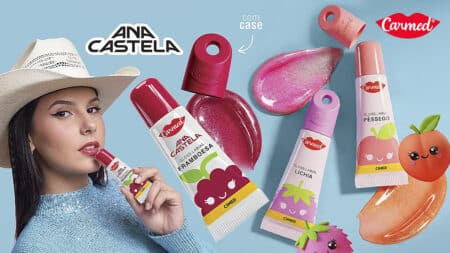 Carmed glosses com Ana Castela: framboesa, pêssego e lichia Divulgação da linha de gloss Carmed com parceria de Ana Castela, com produtos e aromas de framboesa, pêssego e lichia.