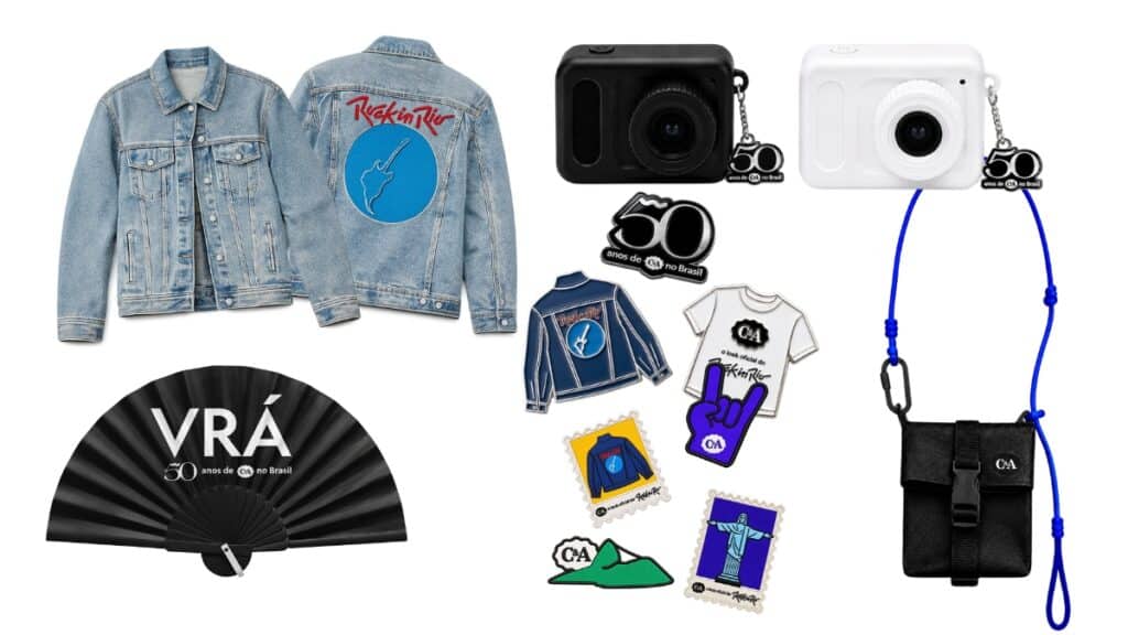 Brindes do Rock in Rio: jaqueta jeans, boné, câmera instax, itens e acessórios com temática musical e “VRÁ”.