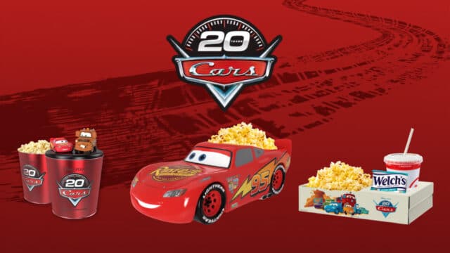 Combo Cinemark Carros com balde comemorativo de 20 anos, pipoca e refrigerante com Relâmpago McQueen e Mater.