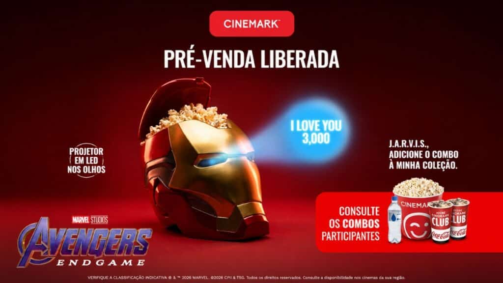 Balde de pipoca temático do Homem de Ferro da Cinemark para Vingadores: Ultimato Encore, com olhos em LED e opções de combos