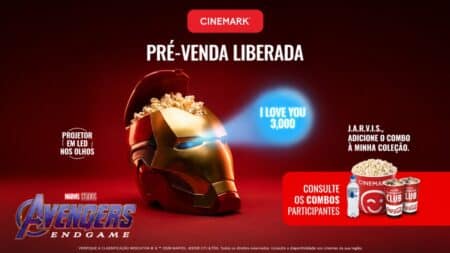 Balde de pipoca temático do Homem de Ferro da Cinemark para Vingadores: Ultimato Encore, com olhos em LED e opções de combos