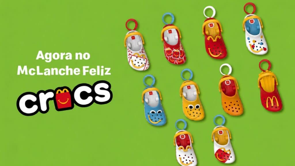 Banner do McLanche Feliz com mini Crocs colecionáveis do McDonald's Brasil em fundo verde