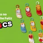 Banner do McLanche Feliz com mini Crocs colecionáveis do McDonald's Brasil em fundo verde