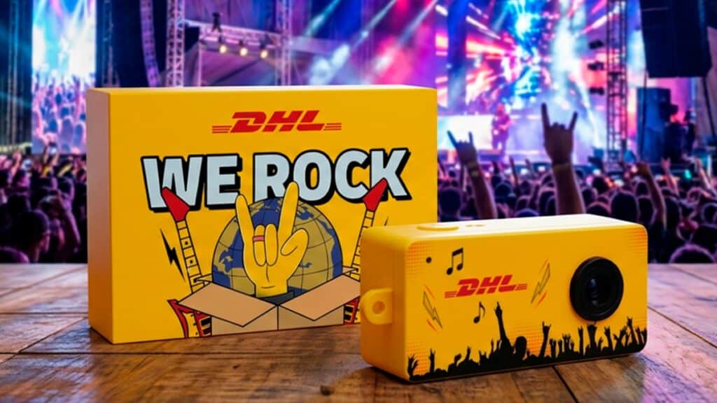 Brindes da DHL no Rock in Rio: caixa amarela “WE ROCK” e mini câmera com adesivo de show