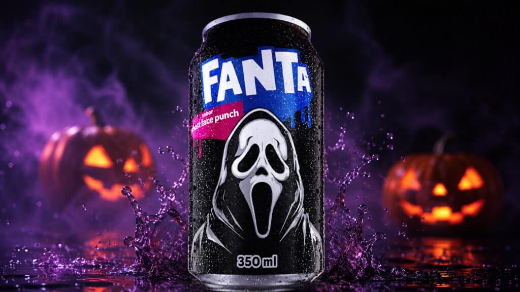Lata da Fanta Ghostface Punch de 350 ml, com ilustração de caveira e cenário de Halloween com abóboras ao fundo.