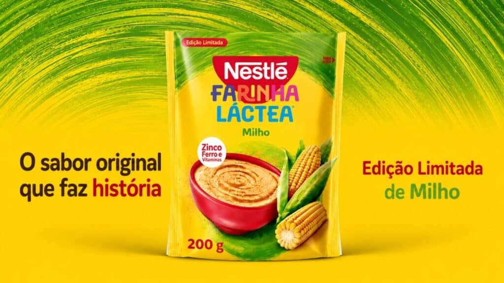 Embalagem da Farinha Láctea Nestlé Edição Limitada de Milho, com ilustração de creme de milho em fundo amarelo
