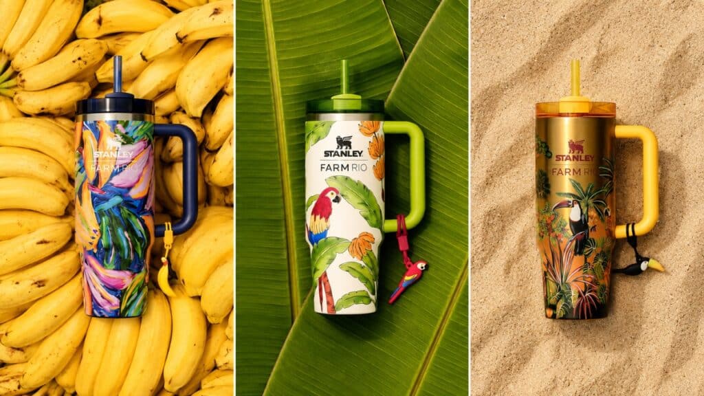 Stanley x FARM Rio: copo térmico tropical Copos térmicos Stanley x FARM Rio com estampas tropicais de fauna e flora, sobre banana, folhas e areia